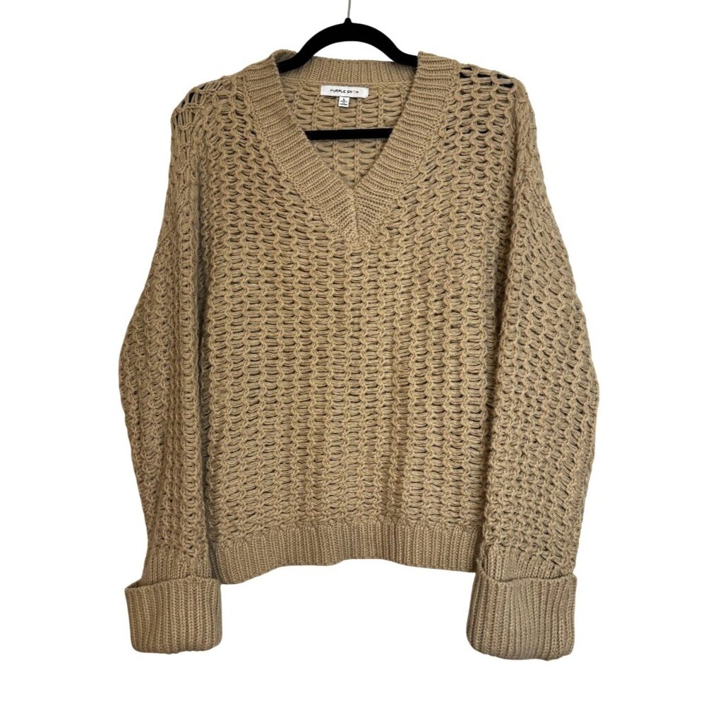 Purple Snow V-Neck Pullover Sweater Beige Sz Large Open Knit Ribbed Trim Neutral